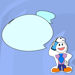 Smiley Face Man in Necktie Holding Smartphone to his Head in Sticker Style Design business concept Empty template copy space text for Ad website isolated