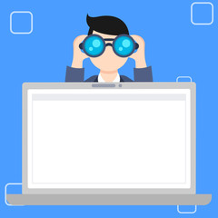 Man Holding and Looking into Binocular Behind Open Blank Space Laptop Screen Design business concept. Business ad for website and promotion banners. empty social media ad