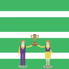 Man and Woman in Business Suit Holding Together the Championship Trophy Cup Design business concept. Business ad for website and promotion banners. empty social media ad