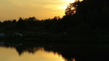 Obraz premium Summer landscape, pond and forest on the horizon.