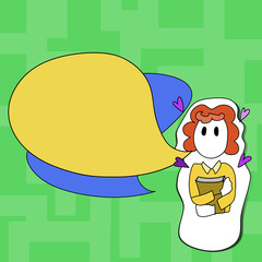 Girl Holding Book with Small Hearts Around her and Two Color Speech Bubble Design business concept Empty copy space modern abstract background