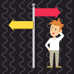 Man Confused with the Road Sign Arrow Pointing to Opposite Side Direction. Design business concept. Business ad for website and promotion banners. empty social media ad