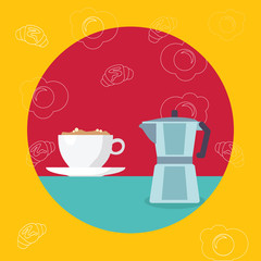 White Cup of Frothy Beverage and Kettle with Drawings of Croissant and Egg Design business concept Empty template copy space text for Ad website isolated
