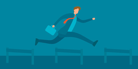 Fototapeta premium Businessman jumping over hurdles vector illustation. Business challenge, successful overcoming concept. Leadership achievement competition business win vector concept