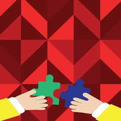 Two Hands Holding Colorful Jigsaw Puzzle Pieces about to Interlock the Tiles Business concept Empty template copy space isolated Posters coupons promotional material
