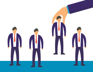 Hand choosing man vector concept. Choice employer from selected job people group. Human recruitment hunting, selecting choicing candidate for job vector illustration