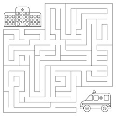Maze game for kids. Vector coloring page. Help the ambulance car find right path to the hospital.