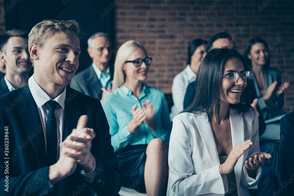 Wall mural Portrait of nice cheerful beautiful handsome elegant classy stylish trendy top executive managers attending classes clapping palms congrats at industrial loft style interior room work place station