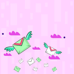 Many Colorful Airmail Flying Letter Envelopes and Two of Them with Wings Design business concept Empty copy text for Web banners promotional material mock up template.