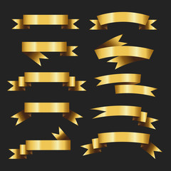 Set of Retro Gold Ribbons Vector Illustration. beautiful festive. tape banner flag bow. on black background