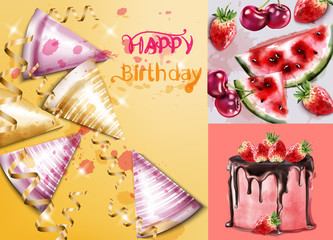 Happy birthday card with cake and birthday hats Vector watercolor. Invitation templates