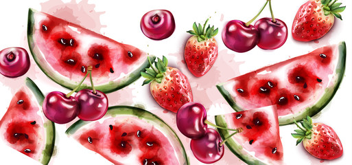 Watermelon and cherry Vector watercolor texture. Fruits pattern backgrounds