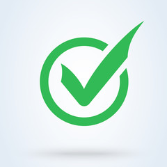 Green check mark icon in a circle. Tick symbol in green color, vector illustration