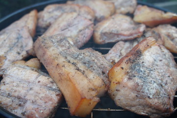 Grilled meat on a barbecue. Cooking pork on the grill.