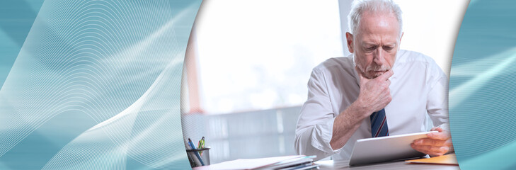 Portrait of senior businessman working on tablet. panoramic banner