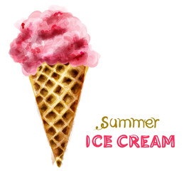 Summer ice cream cone with cherry watercolor Vector. Colorful juicy desserts