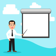 Man in Necktie Talking Holding Stick Pointing to Blank White Screen on Wall Design business Empty copy space text for Ad website promotion isolated Banner template.