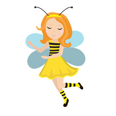 Cute little girl bee icon in flat, cartoon style. Baby carnival costume bee. Isolated on white background. Vector illustration.