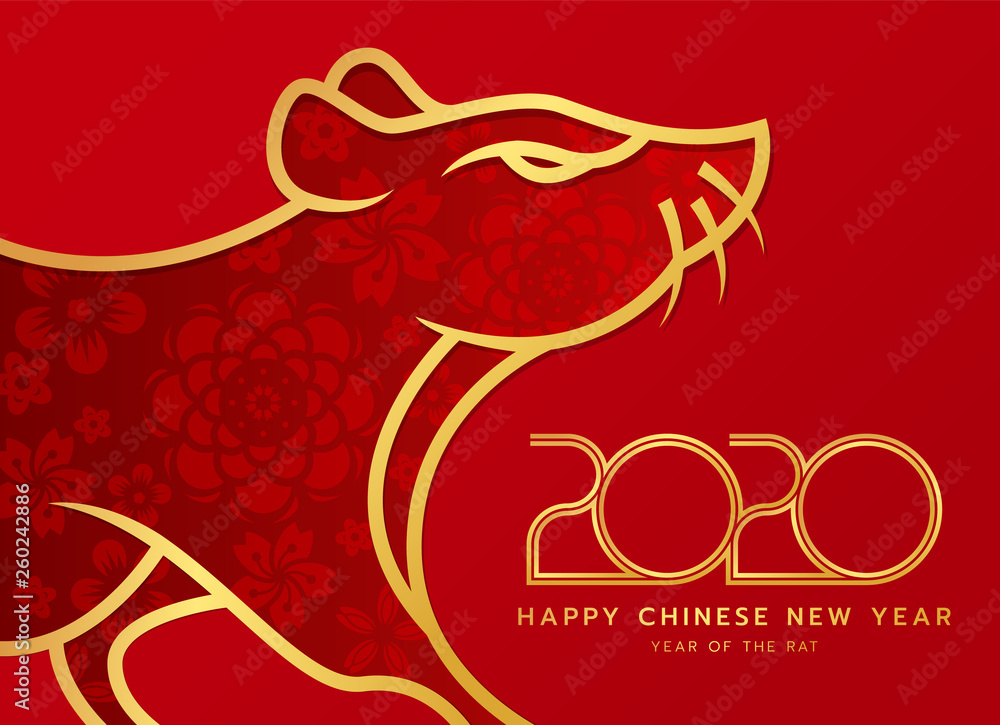 Poster chinese new year 2020 card with abstract gold border line rat zodiac and abstract flower texture on 
