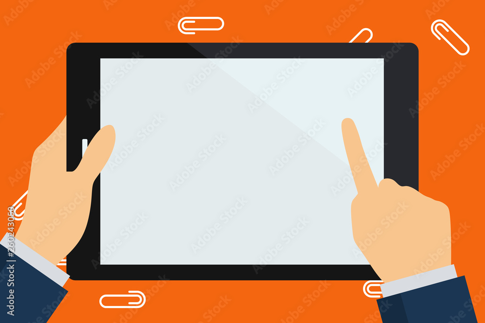 Poster hand holding pointing touching blank rectangular color tablet white screen copy space design empty t