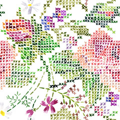 Pink roses seamless background. cross stitch floral pattern. vintage floral needlework illustration. watercolor flowers