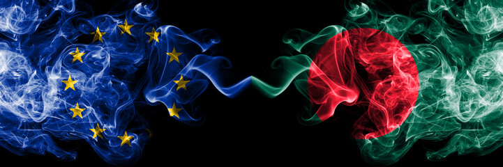 European Union vs Bangladesh, Bangladeshi smoke flags placed side by side. Thick colored silky smoke flags of EU and Bangladesh, Bangladeshi