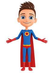 Cartoon character boy in a hero costume shrugged on a white background. 3d rendering. Illustration for advertising.