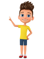 Cartoon character boy points his finger at an empty space on a white background. 3d rendering. Illustration for advertising.