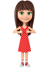Cartoon character girl shows two thumbs up on a white background. 3d rendering. Illustration for advertising.