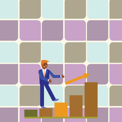 Smiling Businessman Climbing Colorful Bar Chart Following an Arrow Going Up Design business Empty template isolated Minimalist graphic layout template for advertising