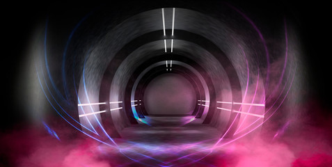 Abstract tunnel, corridor with neon rays and light. Portal additional reality. Abstract background round arch, lamps, light lines. 3D illustration.