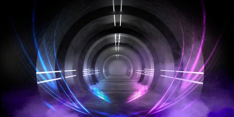 Abstract tunnel, corridor with neon rays and light. Portal additional reality. Abstract background round arch, lamps, light lines. 3D illustration.