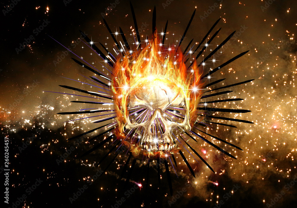 Poster abstract artistic 3d computer generated illustration of a fiery skull in a firework background