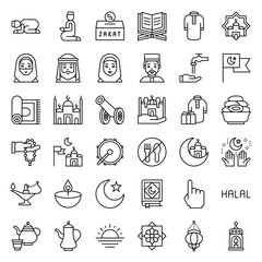 Ramadan related vector icon set, line style