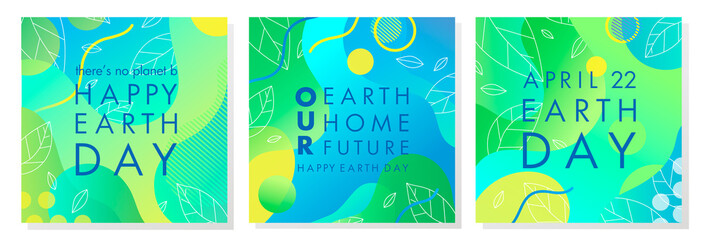 Set of Earth Day posters with bright gradient backgrounds,liquid shapes,tiny leaves and geometric elements.Earth Day layouts perfect for prints, flyers,covers,banners design and more.Eco concepts.