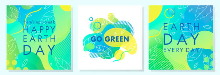 Set of Earth Day posters with bright gradient backgrounds,liquid shapes,tiny leaves and geometric elements.Earth Day layouts perfect for prints, flyers,covers,banners design and more.Eco concepts.