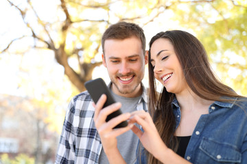 Happy couple in a park using a smart phone