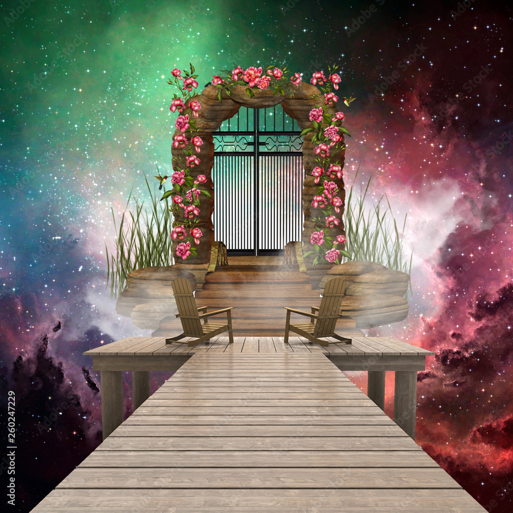 Poster artistic colorful 3d rendering computer generated illustration of a heaven gate that leads to anothe
