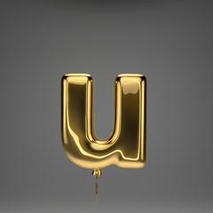 Golden glossy balloon lowercase letter U isolated on dark background © Whitebarbie