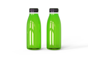 Healthy organic green detox juice in bottle for fitness diet, mock up template on isolated white background, 3d illustration