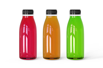 Healthy organic juice in bottles for fitness diet and detox, mock up template on isolated white background, 3d illustration