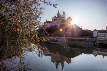 Melk abbey against sunrise during spring time in Austria, Wachau area