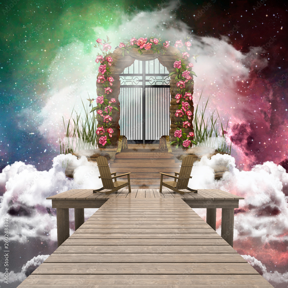 Poster artistic colorful 3d rendering computer generated illustration of a heaven gate that leads to anothe