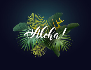 Summer tropical vector design with exotic green palm leaves, flowers and handlettering on the dark background.