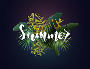 Summer tropical vector design with exotic green palm leaves, flowers and handlettering on the dark background.
