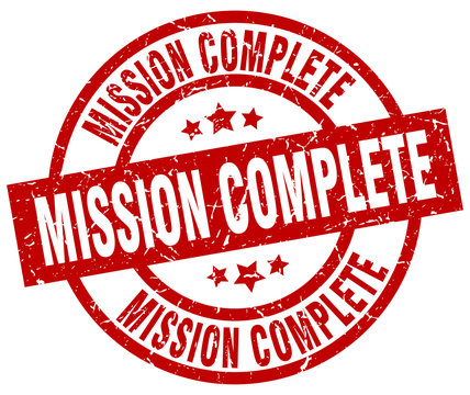 mission complete round red grunge stamp