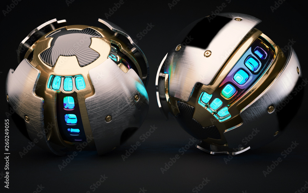 Poster artistic 3d computer generated rendering illustration of two artwork shaped as a digital modern ball