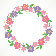 Floral wreath with red, violet, pink flowers and leaves