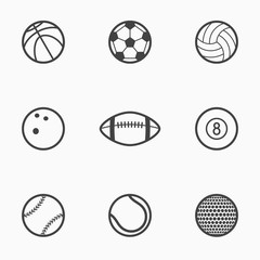 Set of sports balls monochrome icons. Vector illustration.