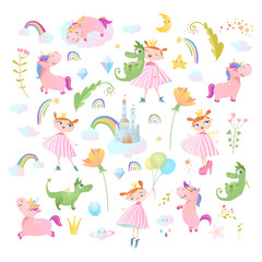 Princesses, dragons and unicorns. Vector collection. 